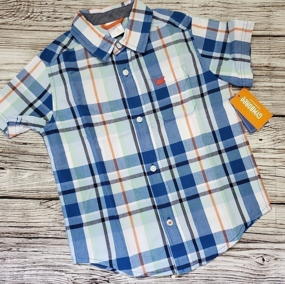 Plaid Short Sleeve Button Up T-Shirt with Embroidered Crab Whale Hello There - Picture 3 of 5